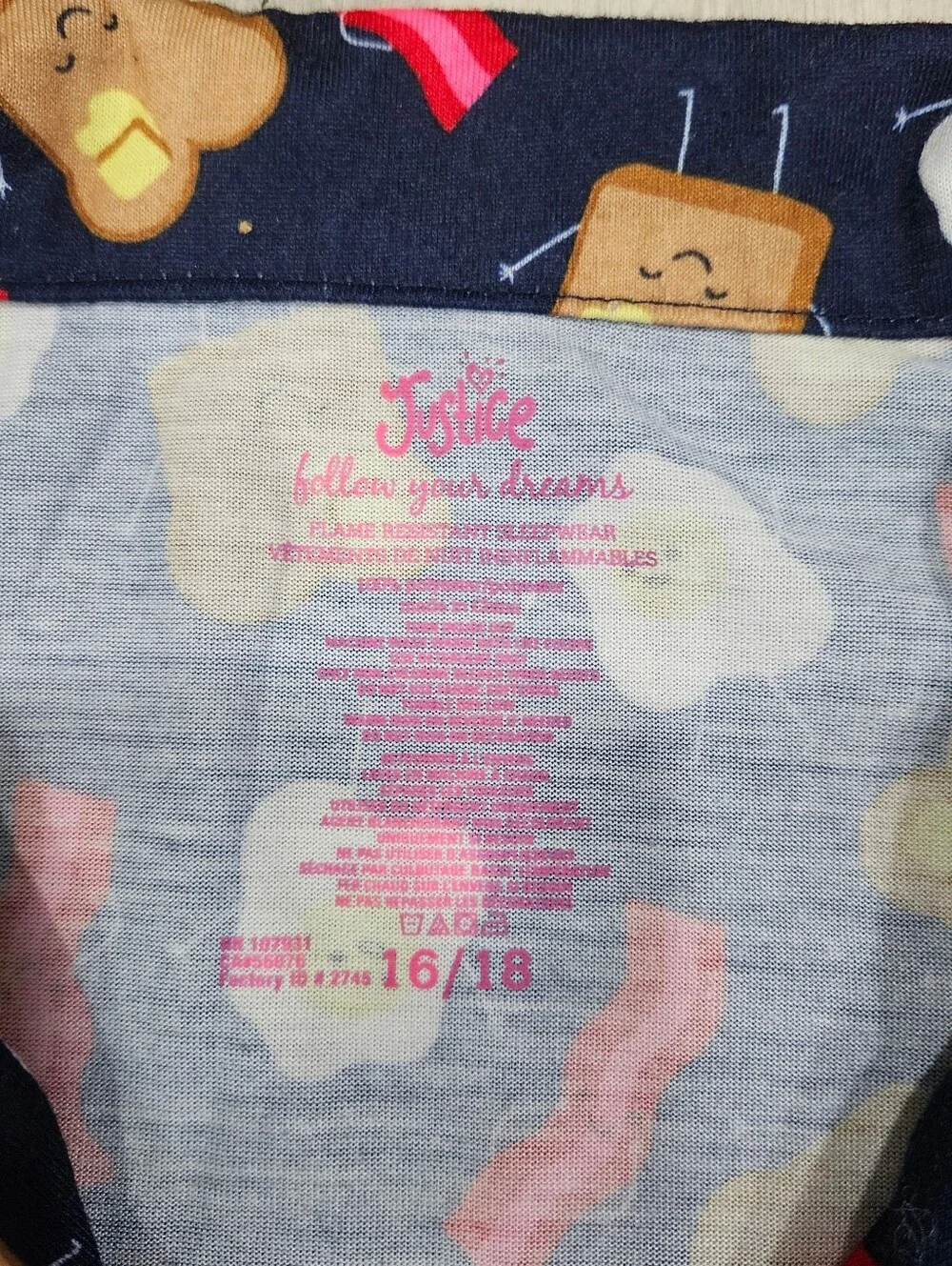 Justice Bacon Eggs Toast Faces Anthropomorphic  Pajama Top Button Front Sz 16/18